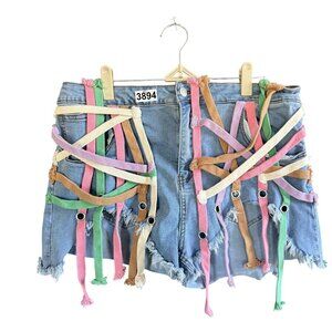 Akira Women's Denim Jean Shorts Plus Size 1X Multicolor Straps Blue Fringe Hem